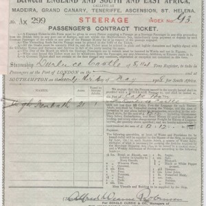 My Grandfathers ticket to Cape Town, 1908