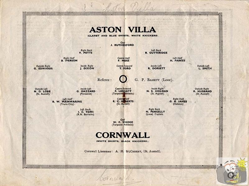 Aston Villa v Cornwall teamsheet